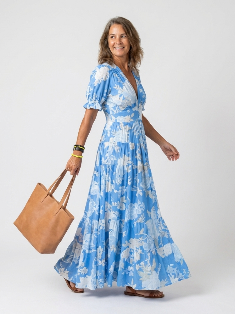 Vestido midi con cuello en V floral en Rosa y Azul claro - fresco y elegante