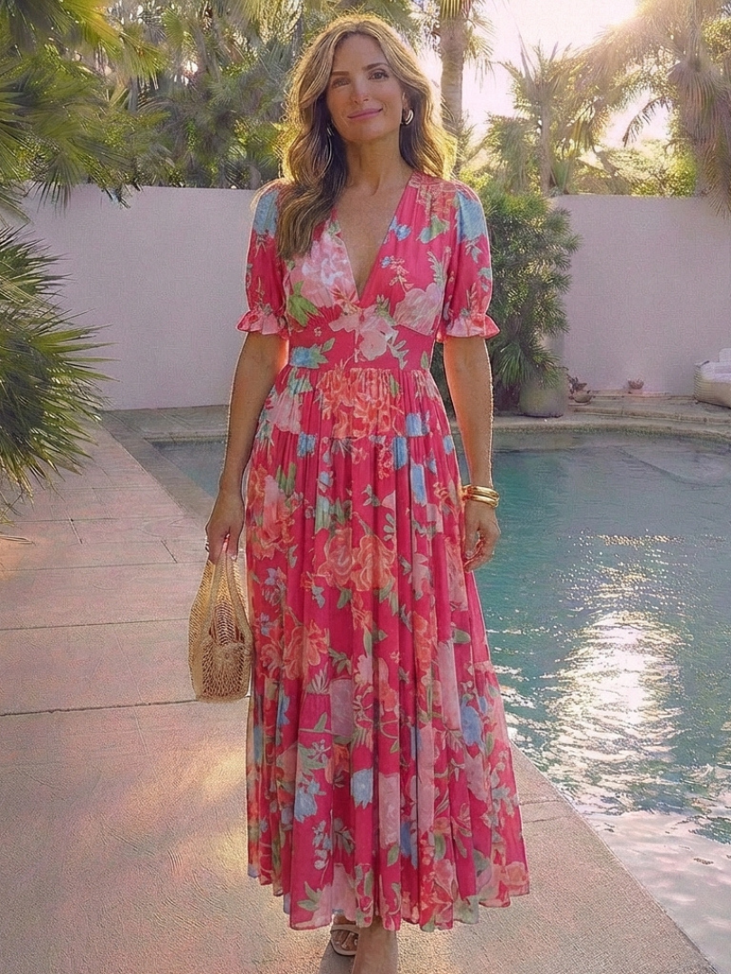 Vestido midi con cuello en V floral en Rosa y Azul claro - fresco y elegante