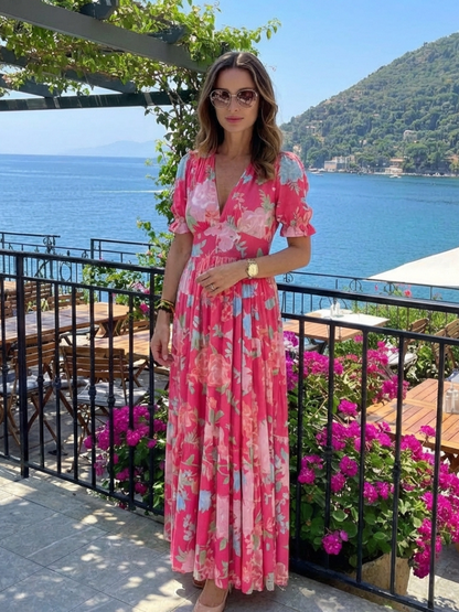 Vestido midi con cuello en V floral en Rosa y Azul claro - fresco y elegante