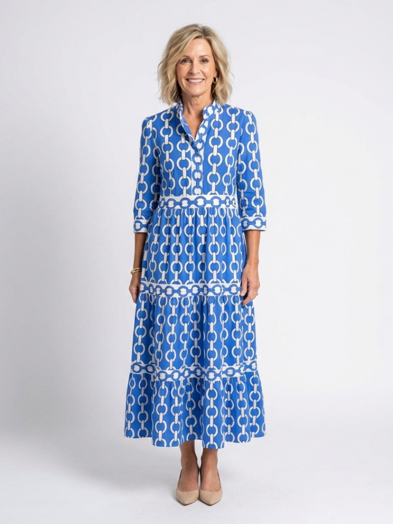 Vestido midi tres cuartos con cadena en Azul y Morado - fresco y elegante