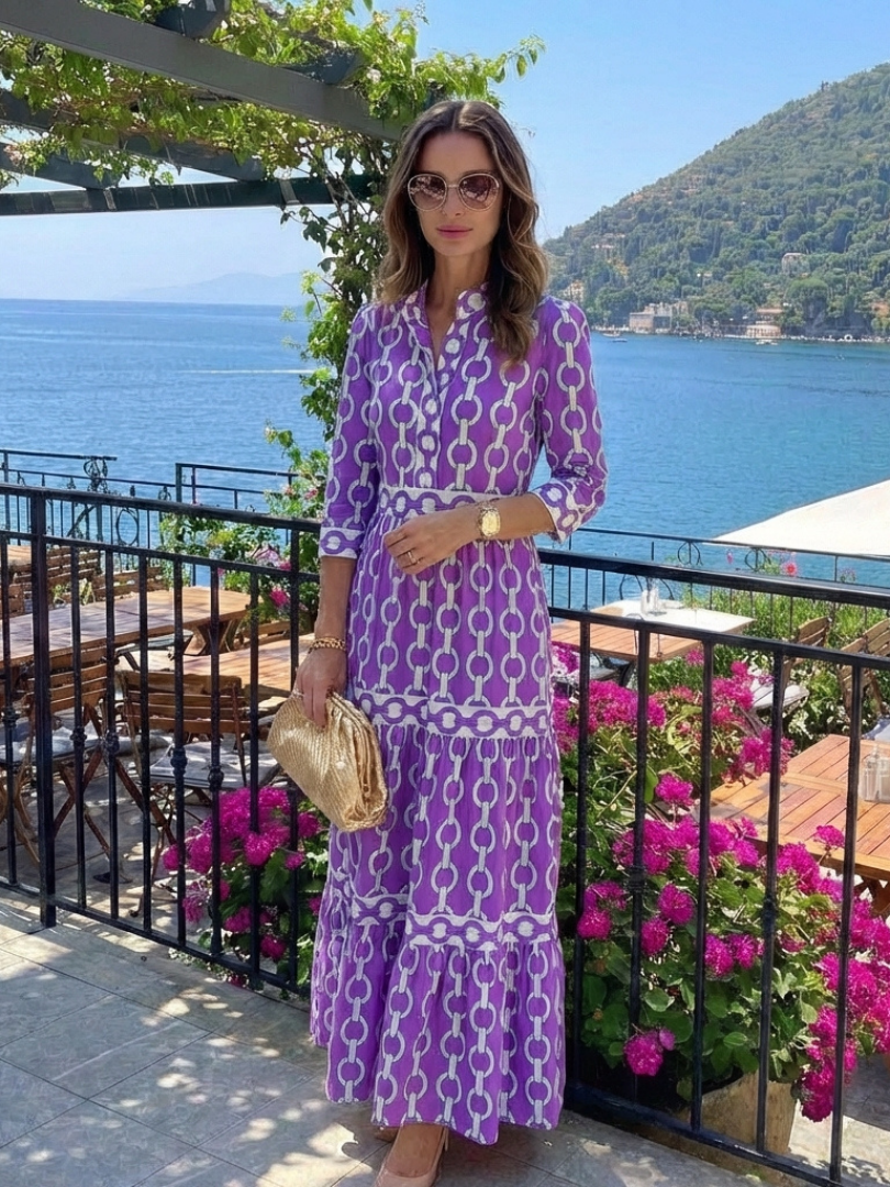 Vestido midi tres cuartos con cadena en Azul y Morado - fresco y elegante