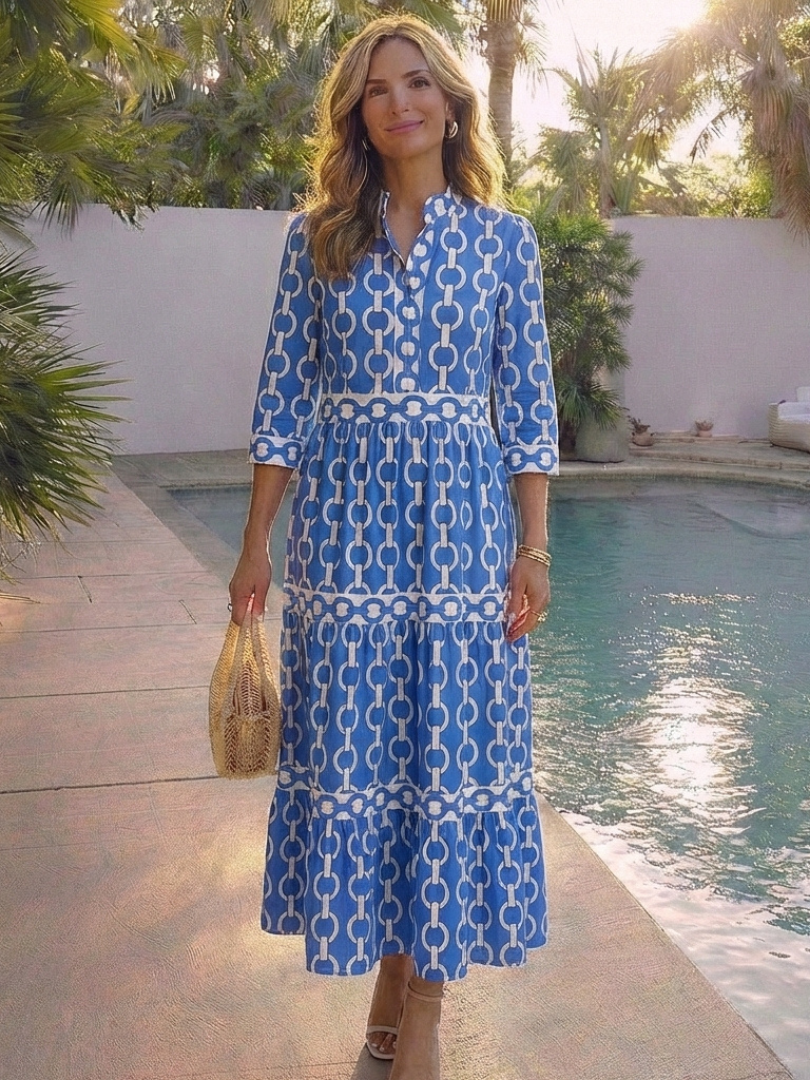 Vestido midi tres cuartos con cadena en Azul y Morado - fresco y elegante