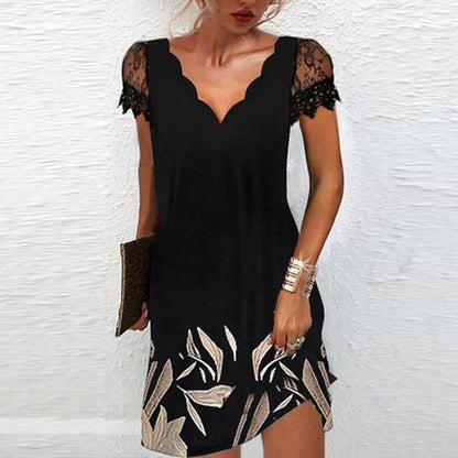 Vestido mini con cuello en V, encaje y manga capuchina para mujer - Delicado verano