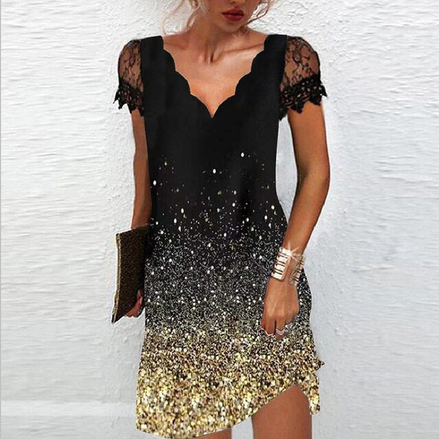 Vestido mini con cuello en V, encaje y manga capuchina para mujer - Delicado verano
