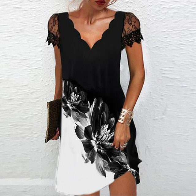 Vestido mini con cuello en V, encaje y manga capuchina para mujer - Delicado verano