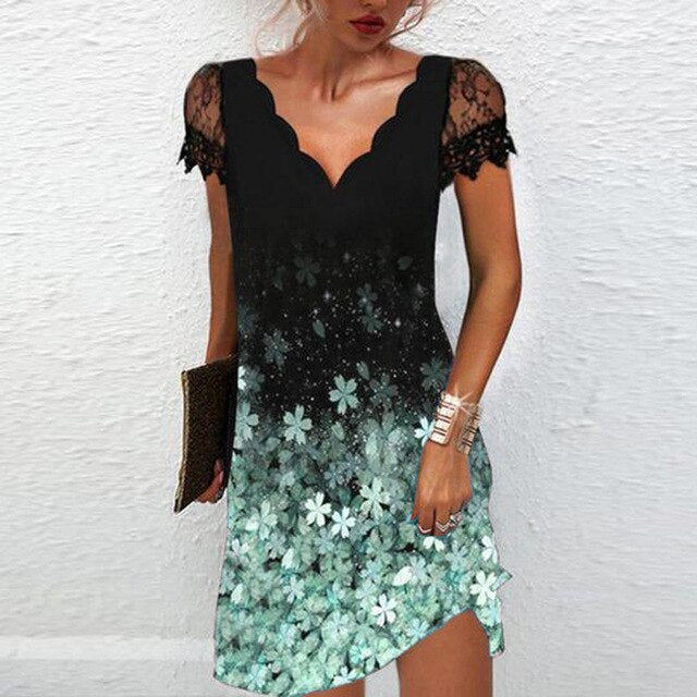 Vestido mini con cuello en V, encaje y manga capuchina para mujer - Delicado verano