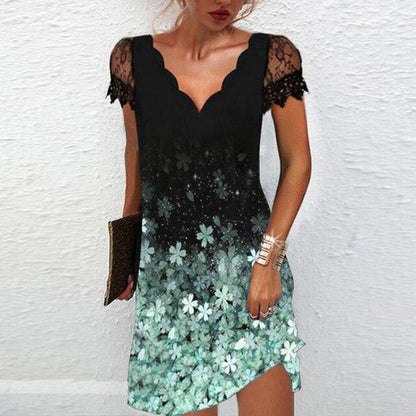 Vestido mini con cuello en V, encaje y manga capuchina para mujer - Delicado verano
