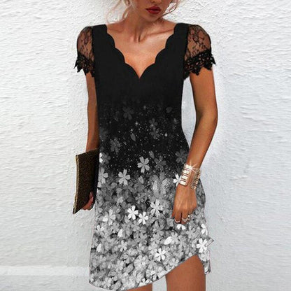 Vestido mini con cuello en V, encaje y manga capuchina para mujer - Delicado verano