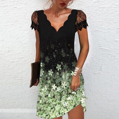 Vestido mini con cuello en V, encaje y manga capuchina para mujer - Delicado verano