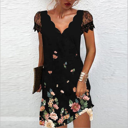 Vestido mini con cuello en V, encaje y manga capuchina para mujer - Delicado verano