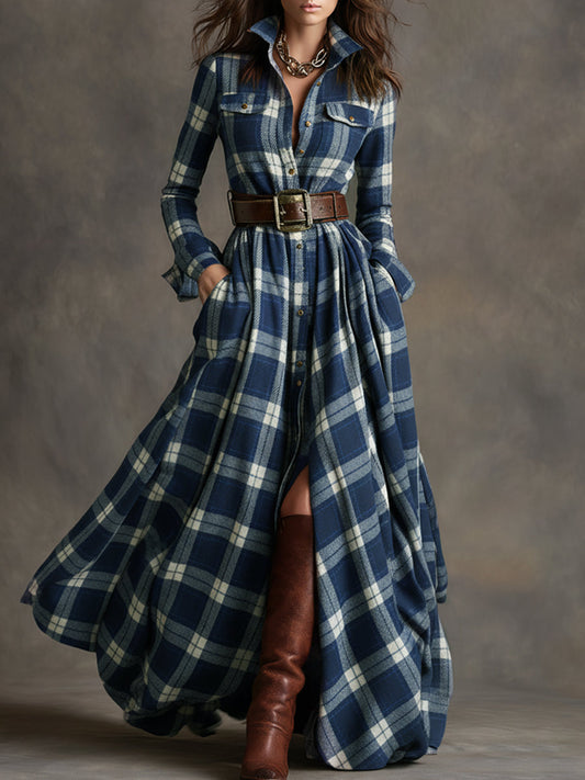 Unity | Vestido Maxi de Manga Larga con Estampado Clásico de Cuadros para Mujer