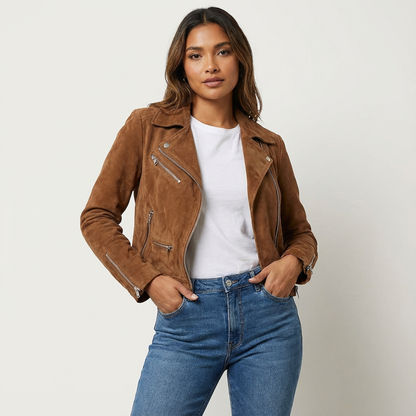 Isabella | Chaqueta Biker con Acabado de Ante Sintético y Cremallera para Mujer