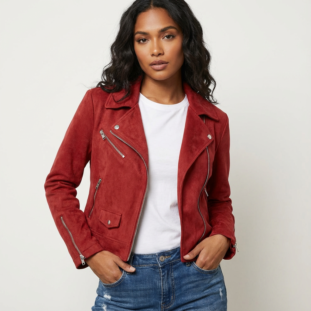Isabella | Chaqueta Biker con Acabado de Ante Sintético y Cremallera para Mujer