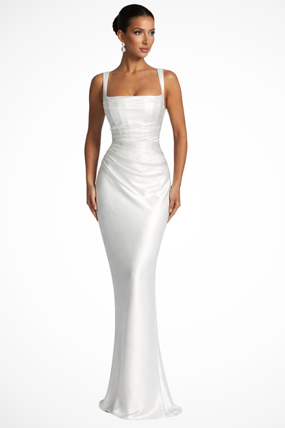 Vestido maxi satinado con cuello cuadrado y drapeado para mujer - Elegancia veraniega