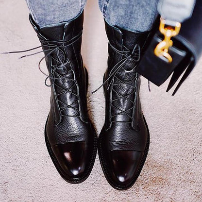 Botas de cuero elegantes con cordones frontales y suela cómoda para mujer, modernas y versátiles para otoño o uso diario