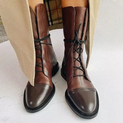 Botas de cuero elegantes con cordones frontales y suela cómoda para mujer, modernas y versátiles para otoño o uso diario