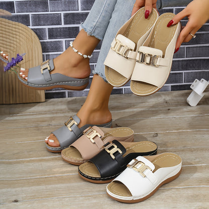 Sandalias abiertas con hebilla decorativa para mujer, cómodas y elegantes para verano