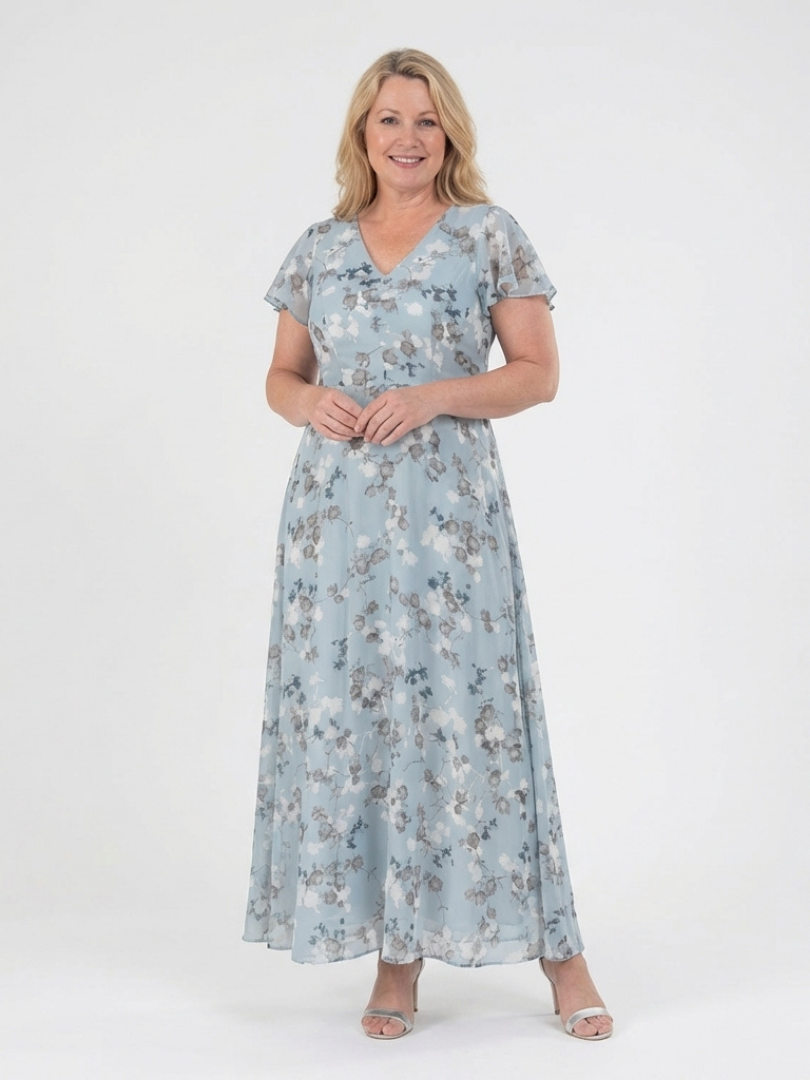 Vestido maxi floral de gasa en Azul claro y Rosa - fresco y elegante