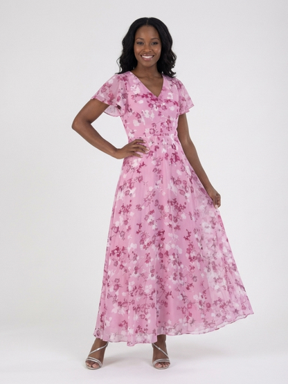 Vestido maxi floral de gasa en Azul claro y Rosa - fresco y elegante