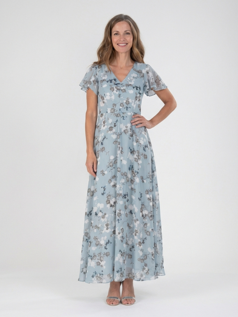 Vestido maxi floral de gasa en Azul claro y Rosa - fresco y elegante