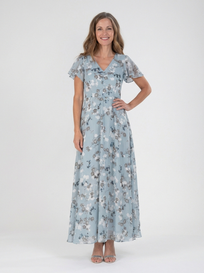Vestido maxi floral de gasa en Azul claro y Rosa - fresco y elegante
