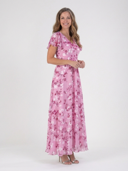 Vestido maxi floral de gasa en Azul claro y Rosa - fresco y elegante