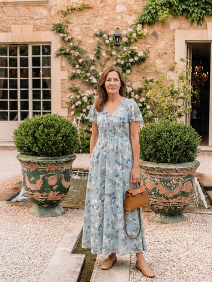 Vestido maxi floral de gasa en Azul claro y Rosa - fresco y elegante