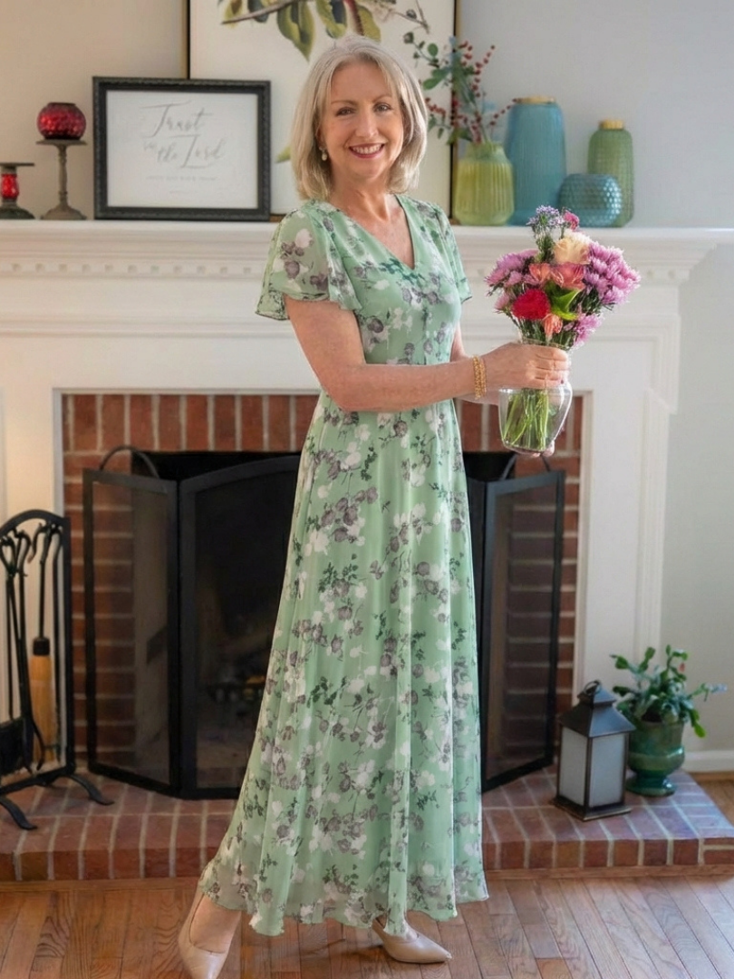 Vestido maxi floral de gasa en Azul claro y Rosa - fresco y elegante