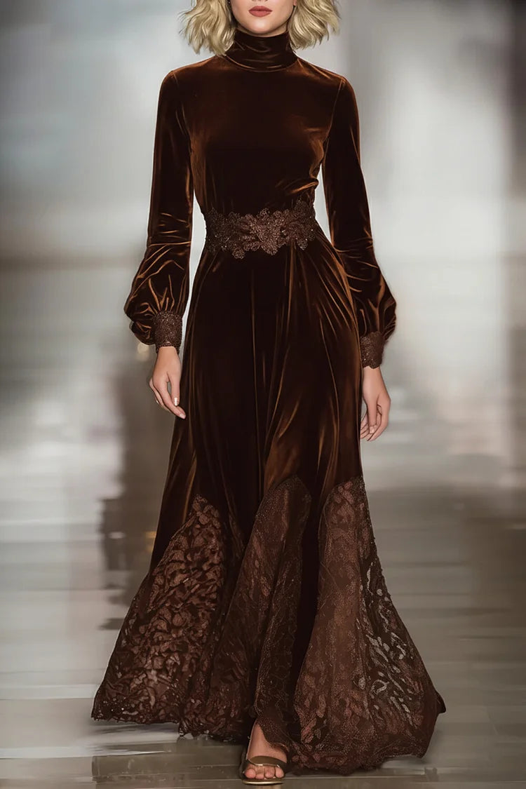 Vestido largo de terciopelo para mujer con cuello alto, patchwork de encaje y mangas abullonadas