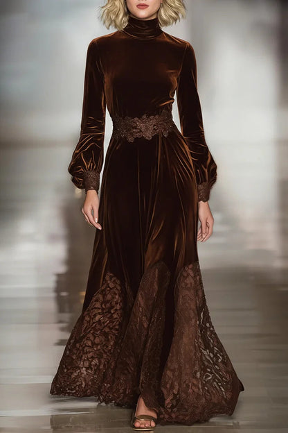 Vestido largo de terciopelo para mujer con cuello alto, patchwork de encaje y mangas abullonadas