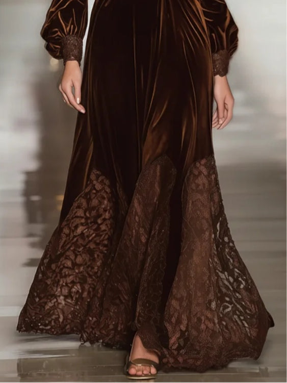 Vestido largo de terciopelo para mujer con cuello alto, patchwork de encaje y mangas abullonadas