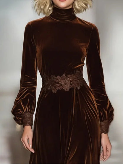 Vestido largo de terciopelo para mujer con cuello alto, patchwork de encaje y mangas abullonadas