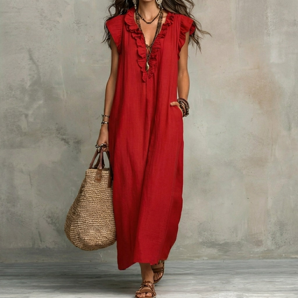 Vestido Largo con Textura de Lino con Escote en Pico y Volantes | Estilo Natural