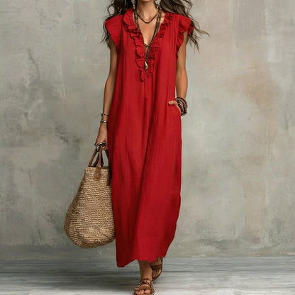 Vestido Largo con Textura de Lino con Escote en Pico y Volantes | Estilo Natural