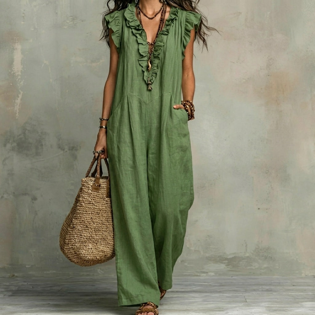 Vestido Largo con Textura de Lino con Escote en Pico y Volantes | Estilo Natural