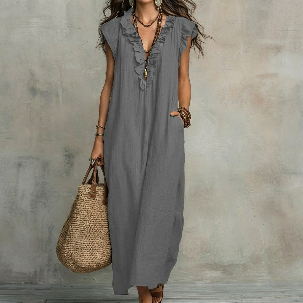 Vestido Largo con Textura de Lino con Escote en Pico y Volantes | Estilo Natural