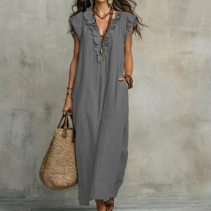 Vestido Largo con Textura de Lino con Escote en Pico y Volantes | Estilo Natural