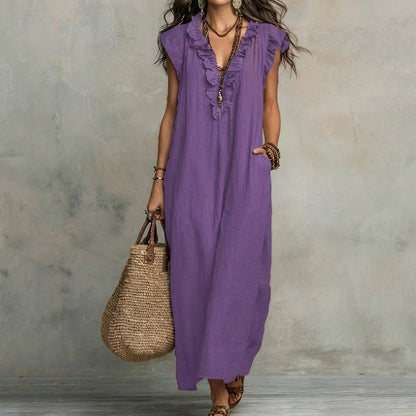Vestido Largo con Textura de Lino con Escote en Pico y Volantes | Estilo Natural