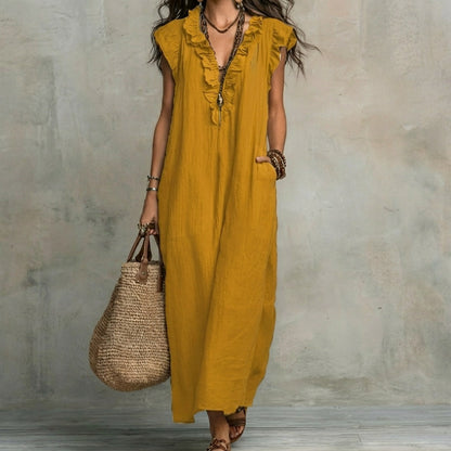 Vestido Largo con Textura de Lino con Escote en Pico y Volantes | Estilo Natural