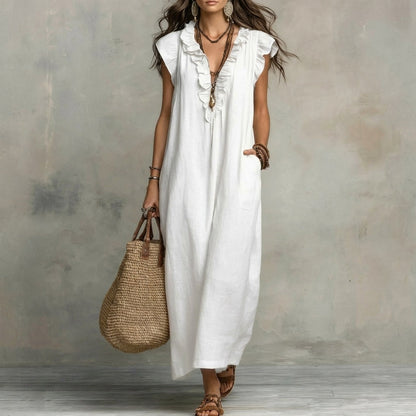 Vestido Largo con Textura de Lino con Escote en Pico y Volantes | Estilo Natural