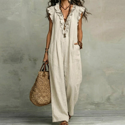 Vestido Largo con Textura de Lino con Escote en Pico y Volantes | Estilo Natural
