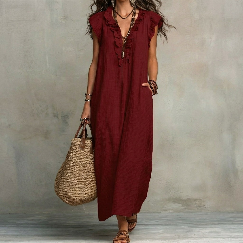 Vestido Largo con Textura de Lino con Escote en Pico y Volantes | Estilo Natural
