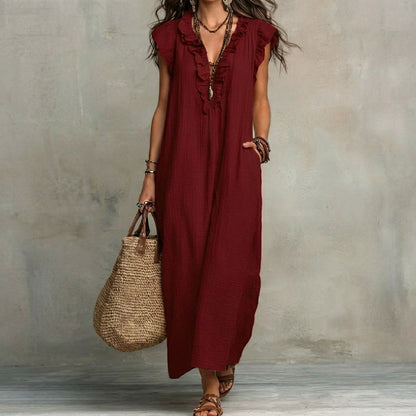 Vestido Largo con Textura de Lino con Escote en Pico y Volantes | Estilo Natural