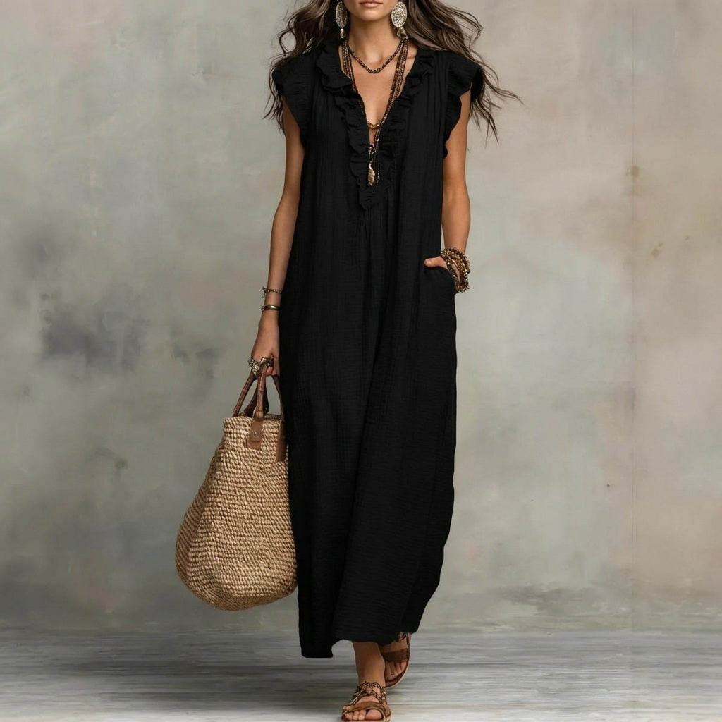 Vestido Largo con Textura de Lino con Escote en Pico y Volantes | Estilo Natural
