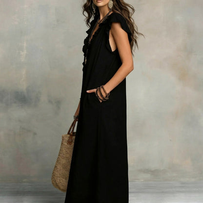 Vestido Largo con Textura de Lino con Escote en Pico y Volantes | Estilo Natural