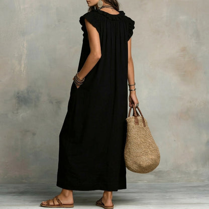 Vestido Largo con Textura de Lino con Escote en Pico y Volantes | Estilo Natural