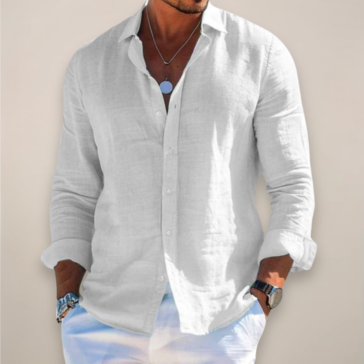 Camisa de lino de manga larga para hombre, ligera y transpirable para verano o diario