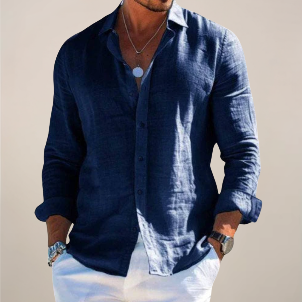 Camisa de lino de manga larga para hombre, ligera y transpirable para verano o diario