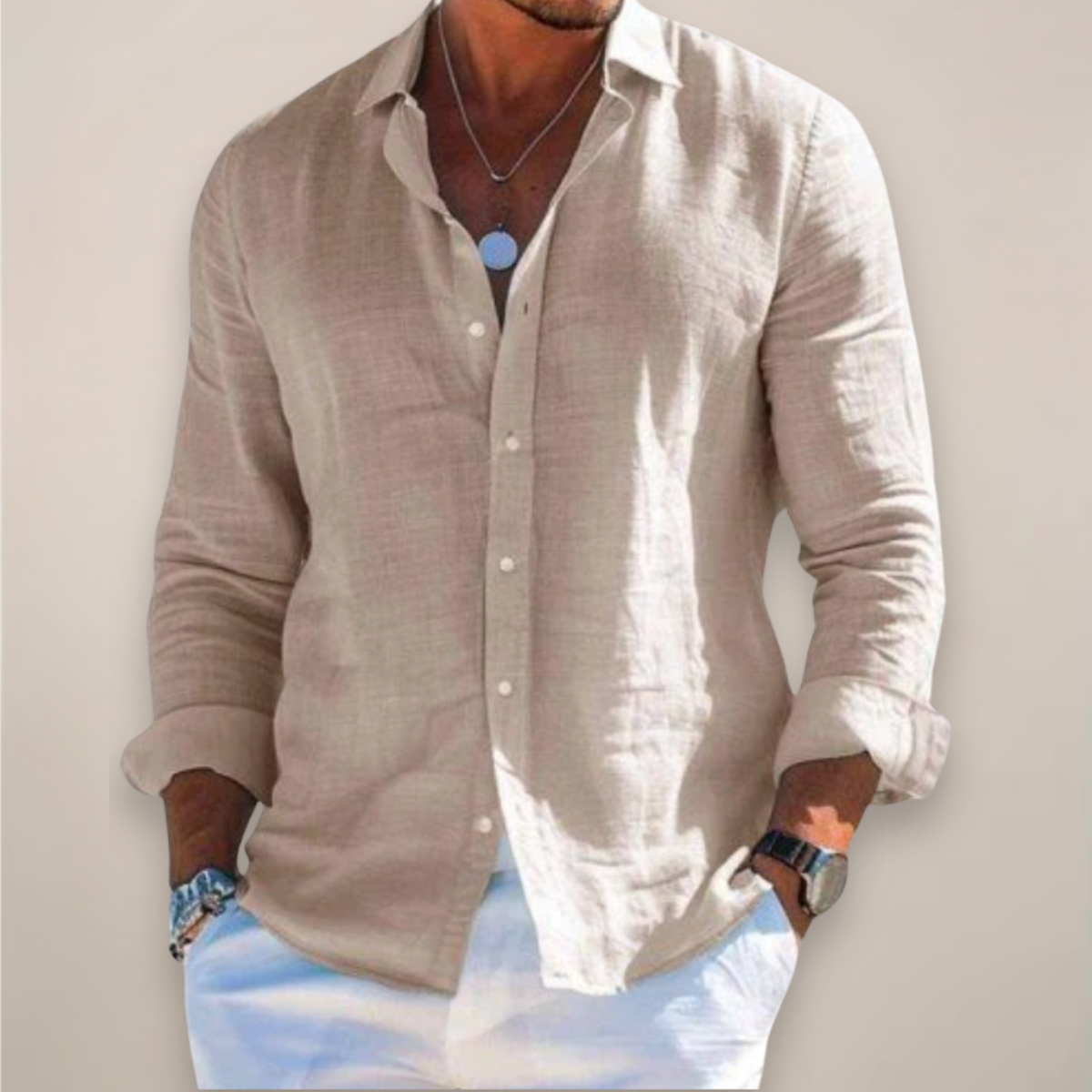 Camisa de lino de manga larga para hombre, ligera y transpirable para verano o diario