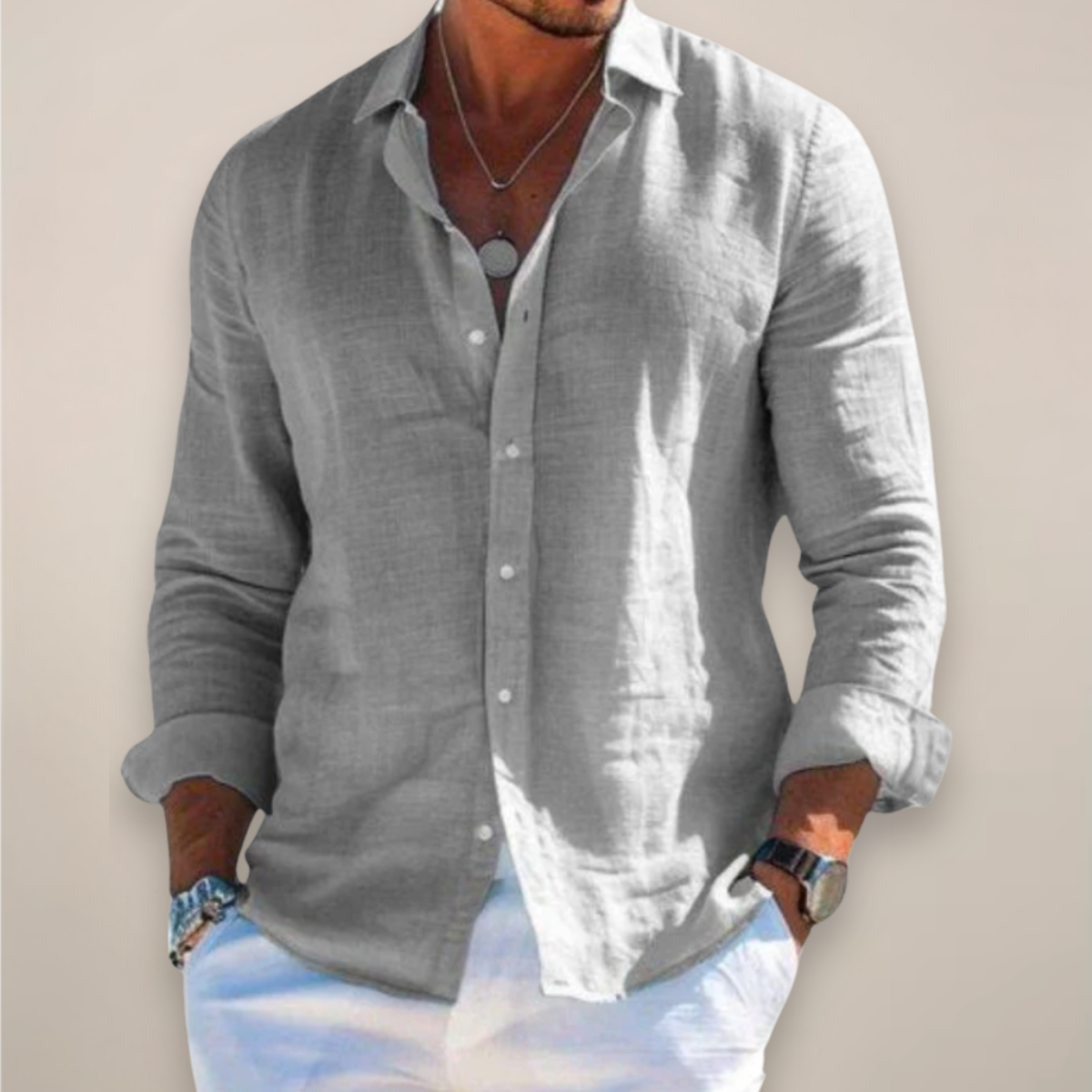 Camisa de lino de manga larga para hombre, ligera y transpirable para verano o diario